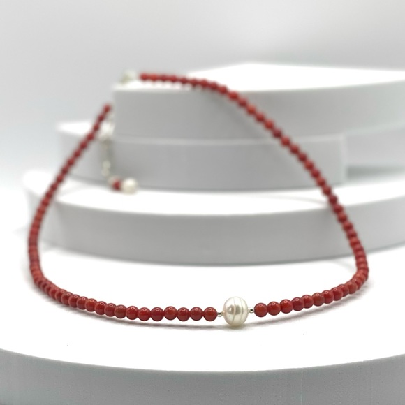Simple but Beautiful Red Coral and Genuine Pearl Necklace - Picture 5 of 14
